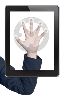 Hand pushing clock icon tablet on a touch screen blank interface 