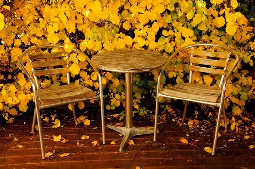 A set with table and two chairs in an autumn garden