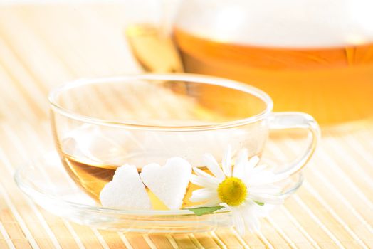 A teacup and a teapot with herbal chamomile tea