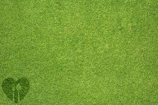 Spoon with heart icon on green grass texture and background