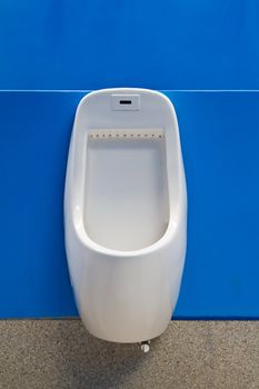 Ceramic urinal on blue wall