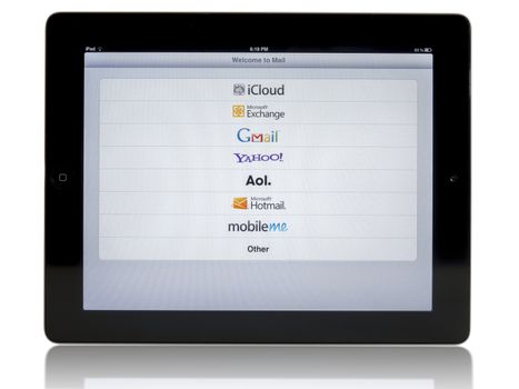 Ipad 3 with connection networks: Gmail, AOL, Yahoo, iCloud on white background