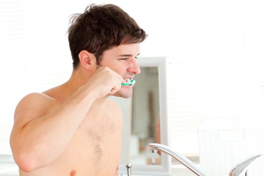 Handsome young man brushing his teeth in the bathroom at home