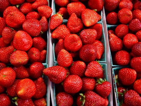 Bright red juicy strawberries in California fruit stand