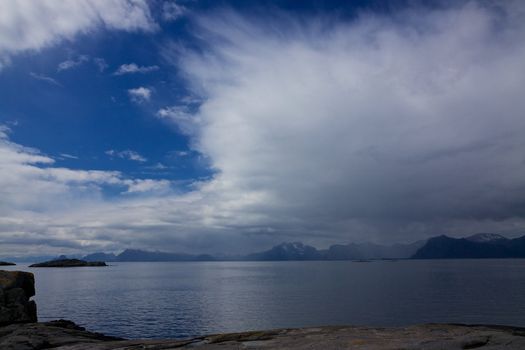 Picturesque panorama with storm clouds above Lofoten islands in Norway, popular tourist destination