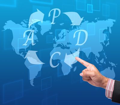 Hand pushing PDCA (Plan Do Check Act) button on a touch screen interface 