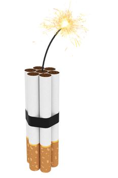 Dynamite composed of cigarettes with burning wick isolated on white. High resolution 3D image