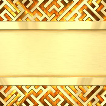 Blank golden plate on maze background with flame. High resolution 3D image