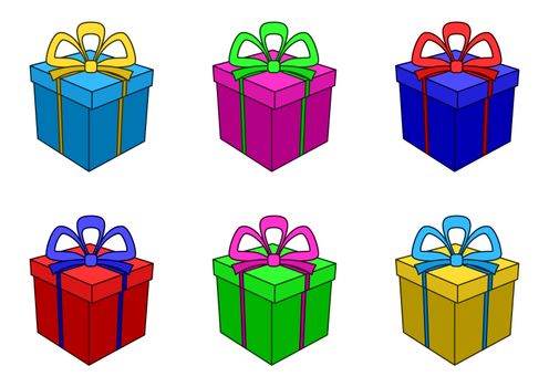 Isolated boxes with celebratory gifts, square, multi-coloured