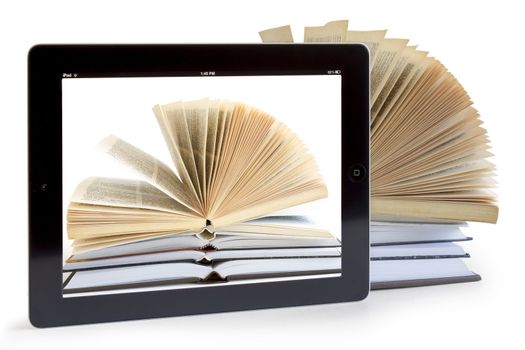 Ipad 3 with books background on white background