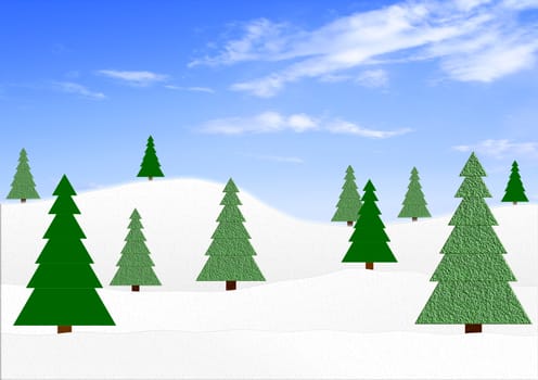 Winter landscape with green fir-trees under the dark blue sky