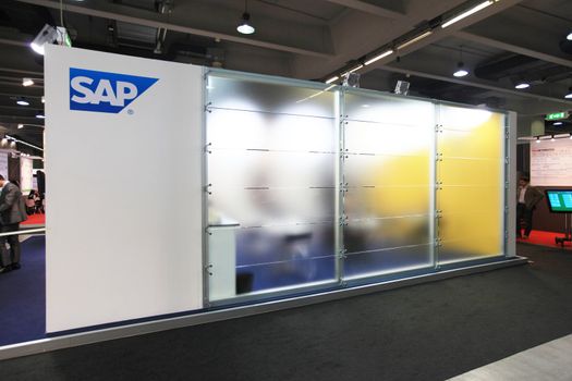 MILAN, ITALY - OCTOBER 17: SAP technologies exhibition area at SMAU, international fair of business intelligence and information technology October 17, 2012 in Milan, Italy.