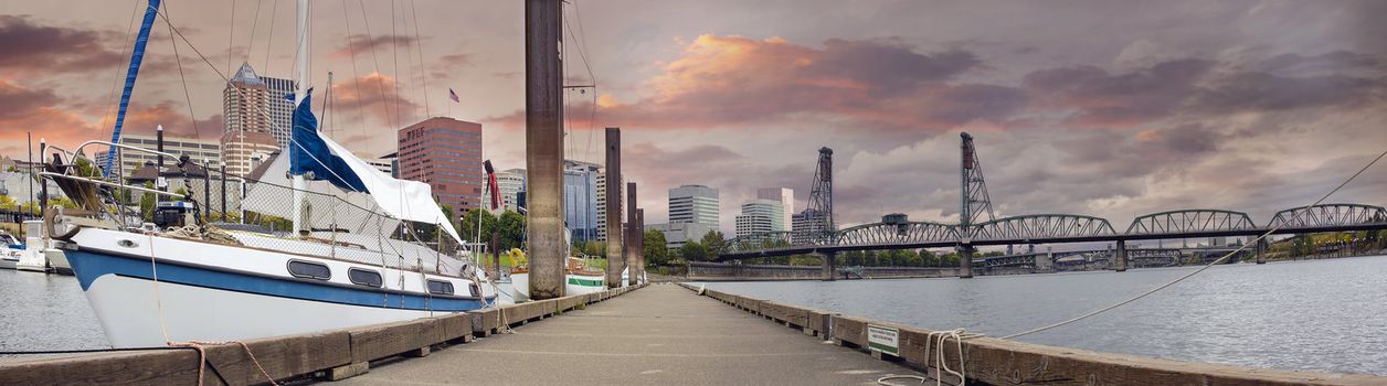 Sailboat Docked at Portland Oregon Downtown Waterfront Marina Along Willamette River Panorama