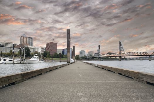 Portland Oregon Downtown Waterfront City Skyline by Willamette River Marina at Sunset