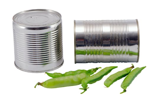 Pickled preserve pease in metal tin can pot and fresh one on top. Food prepare for winter.