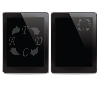 PDCA (Plan Do Check Act) icon on tablet computer background