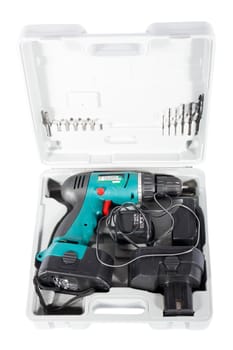 Electric screwdriver with accessories in tool box on a white background