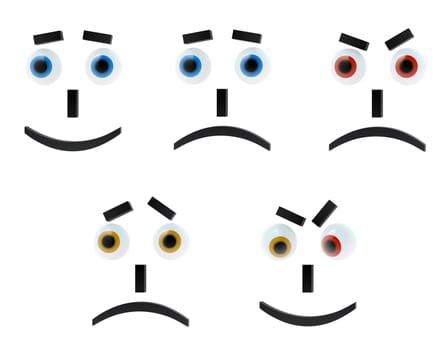 Set of five 3D-emoticons on white background: cheerful, sad, surprised, aggressive and crazy