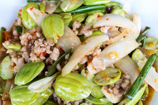 close up Stir-fried of Spicy Pork with Stink Beans.