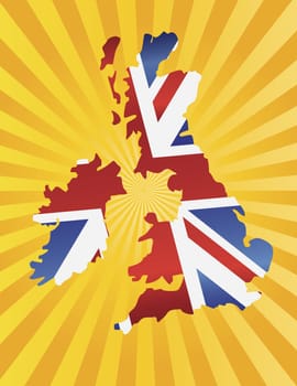 UK Great Britain Union Jack Flag in Map Silhouette with Sun Rays Background Illustration
