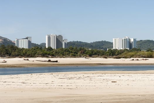 Three hotel buildings in Troia turistic resort, Setubal, Portugal