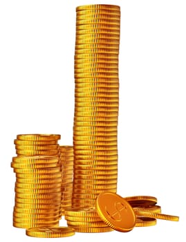 Stacks of golden dollar coins on white background