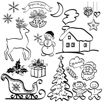 Christmas elements for holiday design, set of black cartoon silhouettes on white background