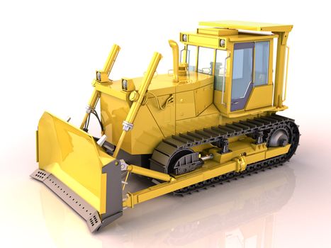 Bulldozer on a white background with light shadow and reflection