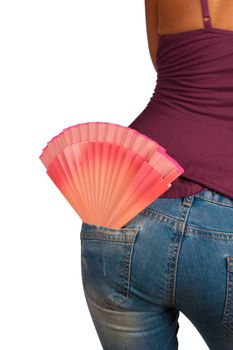 Bright red Spanish fan sticking out of  a sexy jeans pocket