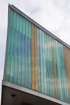 Angular modern building detail in blue and brown