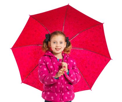 Beautiful little girl with umbrella. Isolated on white background