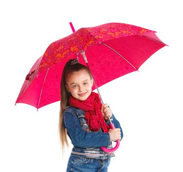 Beautiful little girl with umbrella. Isolated on white background