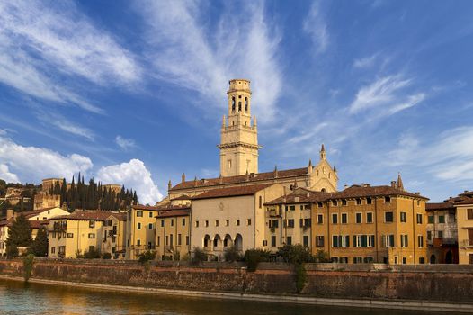 View of Adige River, Cathedral, Castel San Pietro in Verona Italy