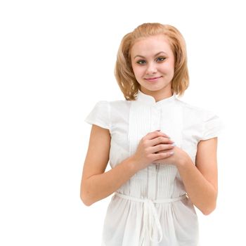 Smiling calm woman, isolated on white background