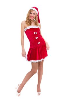 woman wearing santa claus clothes posing against isolated white background