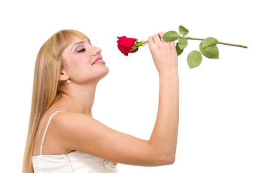 attractive woman with rose against isolated white background