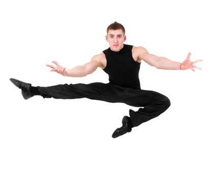 Young man jumping against isolated white background