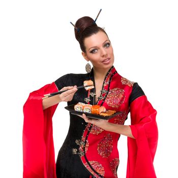 Woman in traditional dress with sushi, isolated on white background.