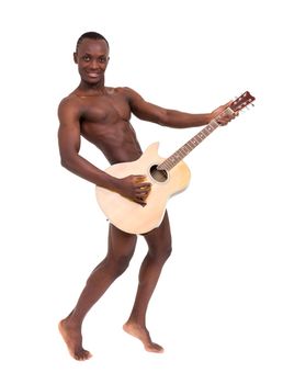 Naked man with guitar posing against isolated white background