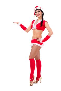 woman wearing santa claus clothes with holding gesture against isolated white background