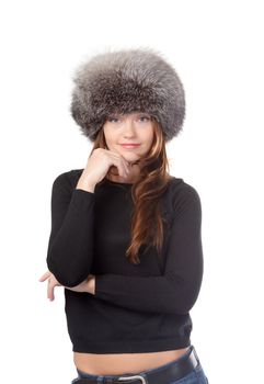 Elegant fashionable woman wearing warm fur hat on white background