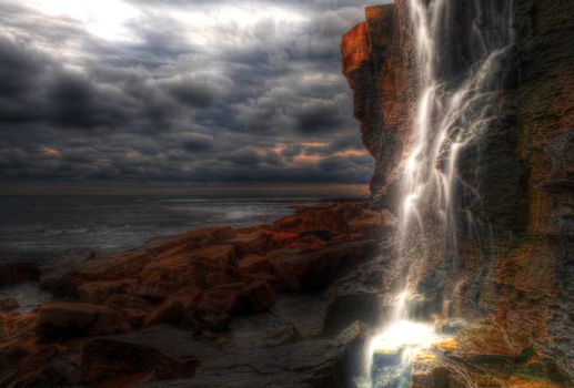 Waterfall landscape and seascape in high dynamic range on the southern British coast