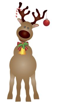 Santa Reindeer with Bow Bell Holly Berries Candy Cane and Christmas Ornament Hanging on Antlers Illustration