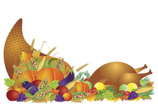Thanksgiving Day Fall Harvest Cornucopia with Turkey Dinner Feast Pumpkins Fruits and Vegetables illustration