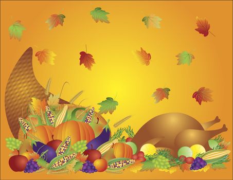 Thanksgiving Day Fall Harvest Cornucopia with Turkey Dinner Feast Pumpkins Fruits and Vegetables illustration