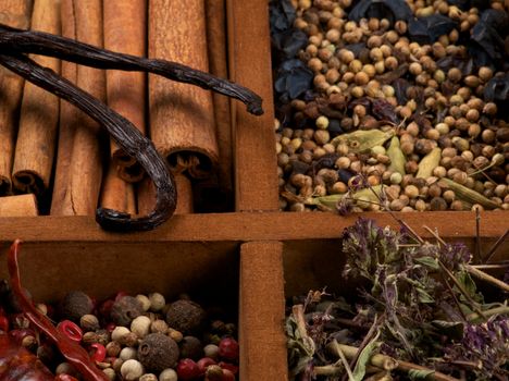 Background of Spices and Herbs with Vanilla Pod, Cinnamon Sticks, Lavender and Mixed Peppercorns closeup