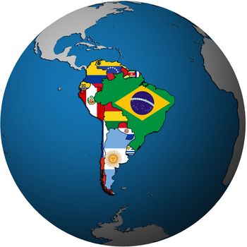 map of south american countries on isolated over white map of globe