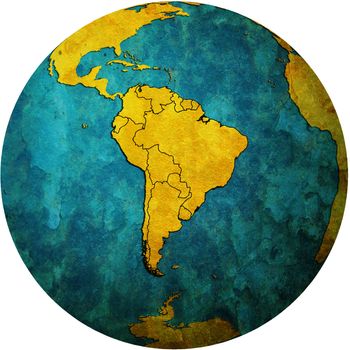 map of south american countries on isolated over white map of globe