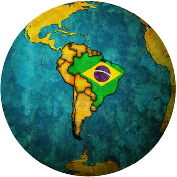 map with flag of brazil on isolated over white map of globe