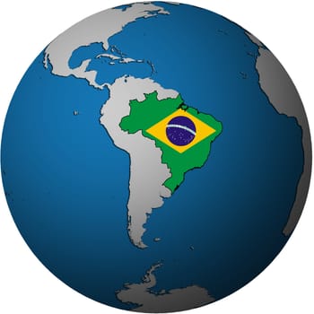 map with flag of brazil on isolated over white map of globe